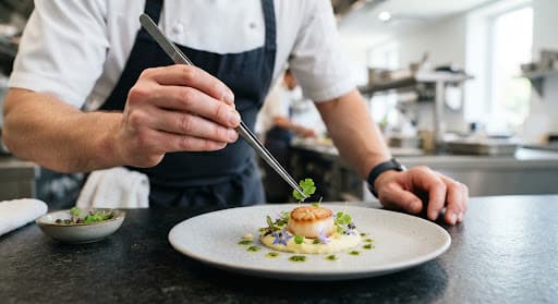 Chef carefully plating a dish