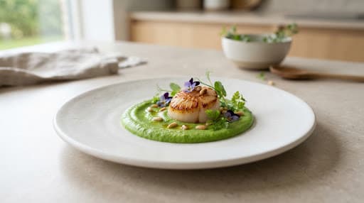 Seared scallops served with a bright green pea purée